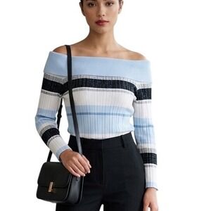 Jones New York Womens XS Striped Off The Shoulder Ribbed Knit Sweater Blue White
